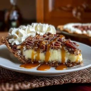 A whole Caramel Pecan Delight Pie topped with toasted nuts and caramel drizzle.