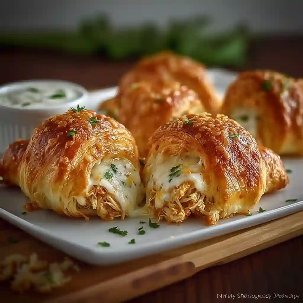Unrolled crescent dough triangles on a counter being filled with creamy chicken mixture.