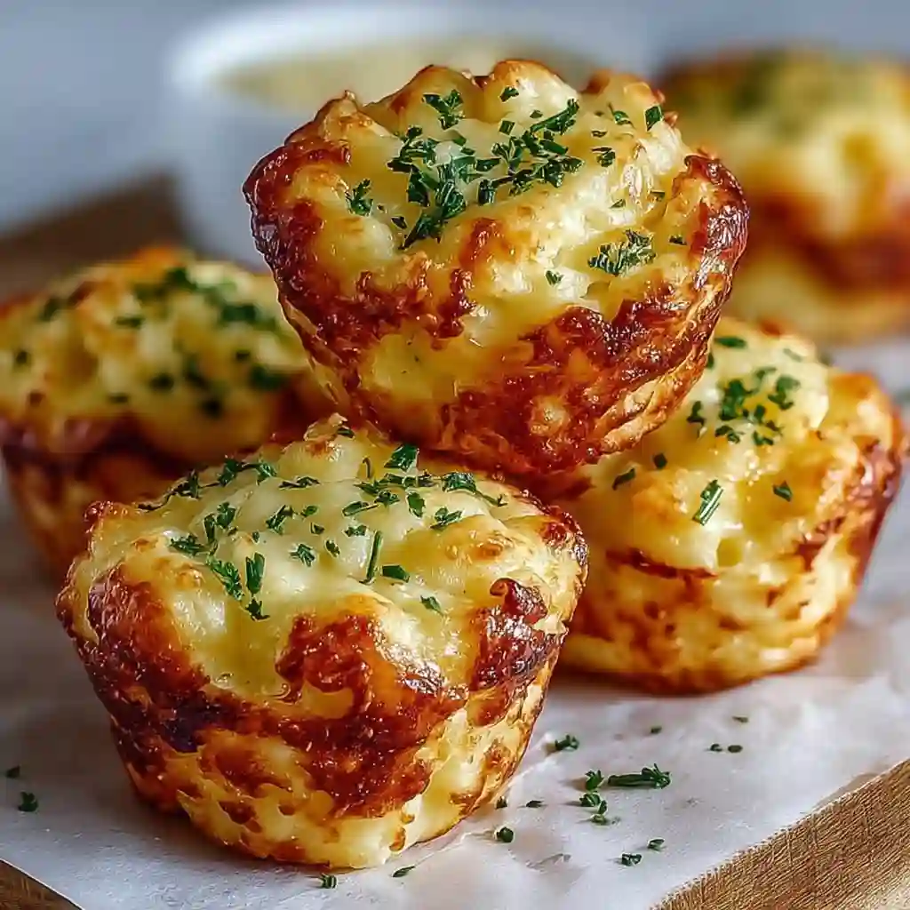 Golden brown Cheesy Mashed Potato Muffins cooling on a wire rack with fresh chives.