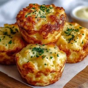 Golden brown Cheesy Mashed Potato Muffins cooling on a wire rack with fresh chives.