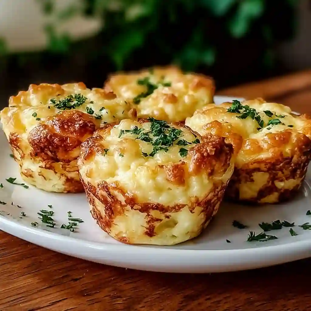 Golden brown Cheesy Mashed Potato Muffins cooling on a wire rack with fresh chives.