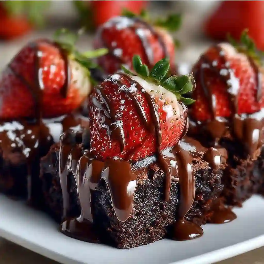 Pouring chocolate ganache over strawberries on brownies.
