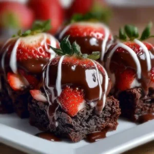 Platter of Chocolate Covered Strawberry Brownies with glossy ganache.