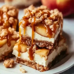 Stack of Caramel Apple Cheesecake Bars with fresh caramel drizzle and oat topping.