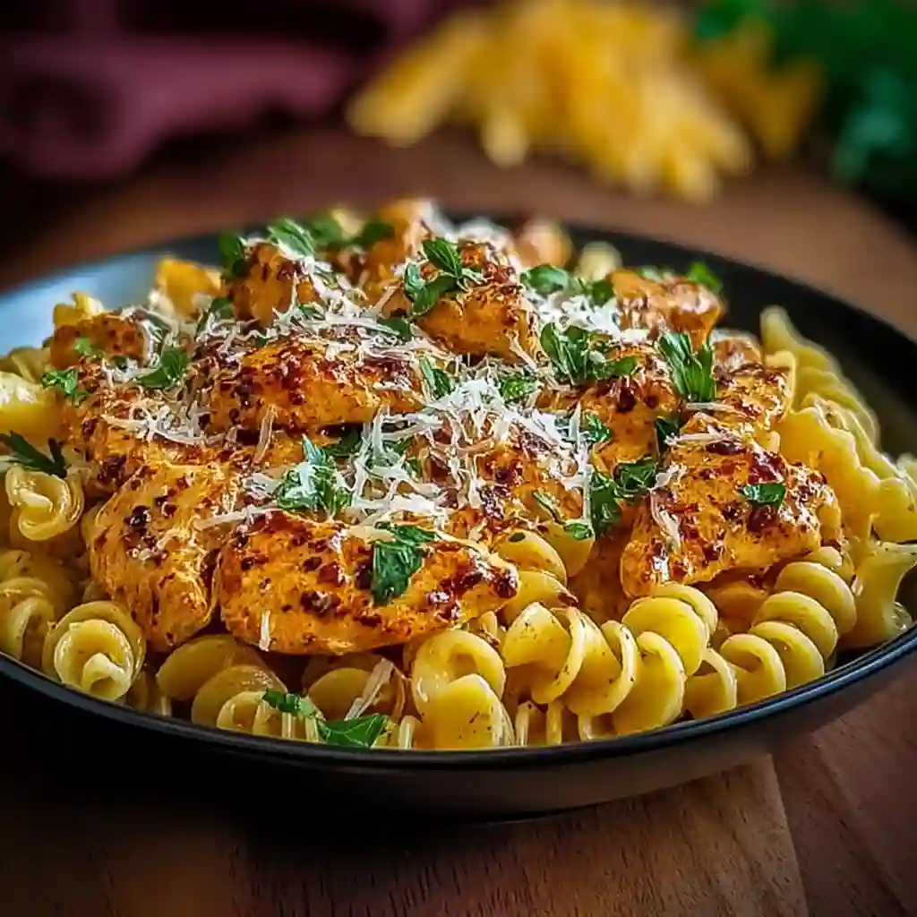  Penne pasta and chicken being tossed in a creamy garlic butter sauce.

