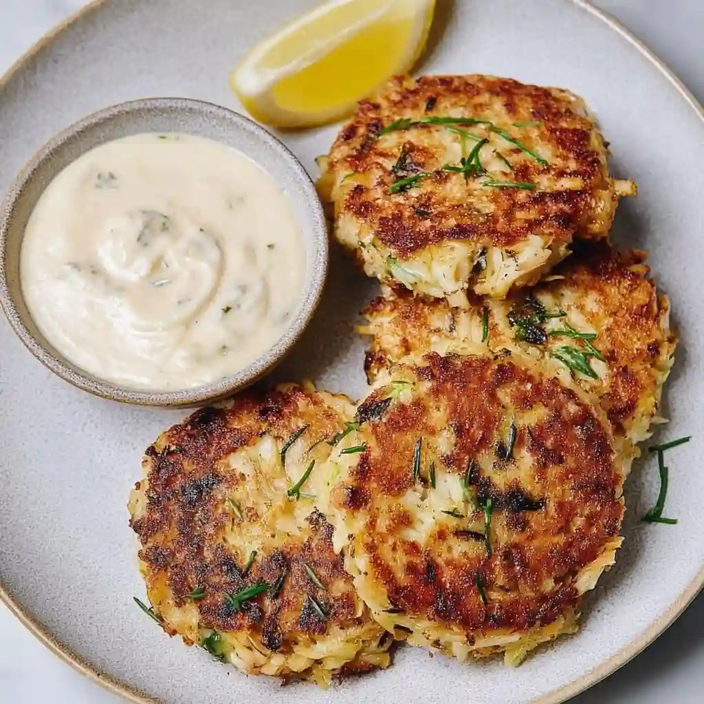 Two golden brown crab cakes served on a white plate with lemon and tartar sauce.