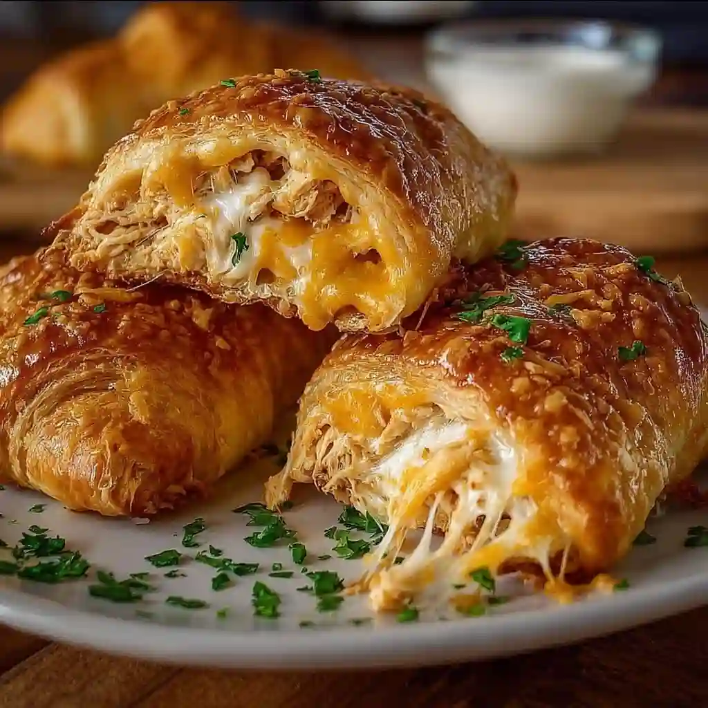 Plated Cheesy Chicken Crescent Rolls served with green beans and dipping sauce.
