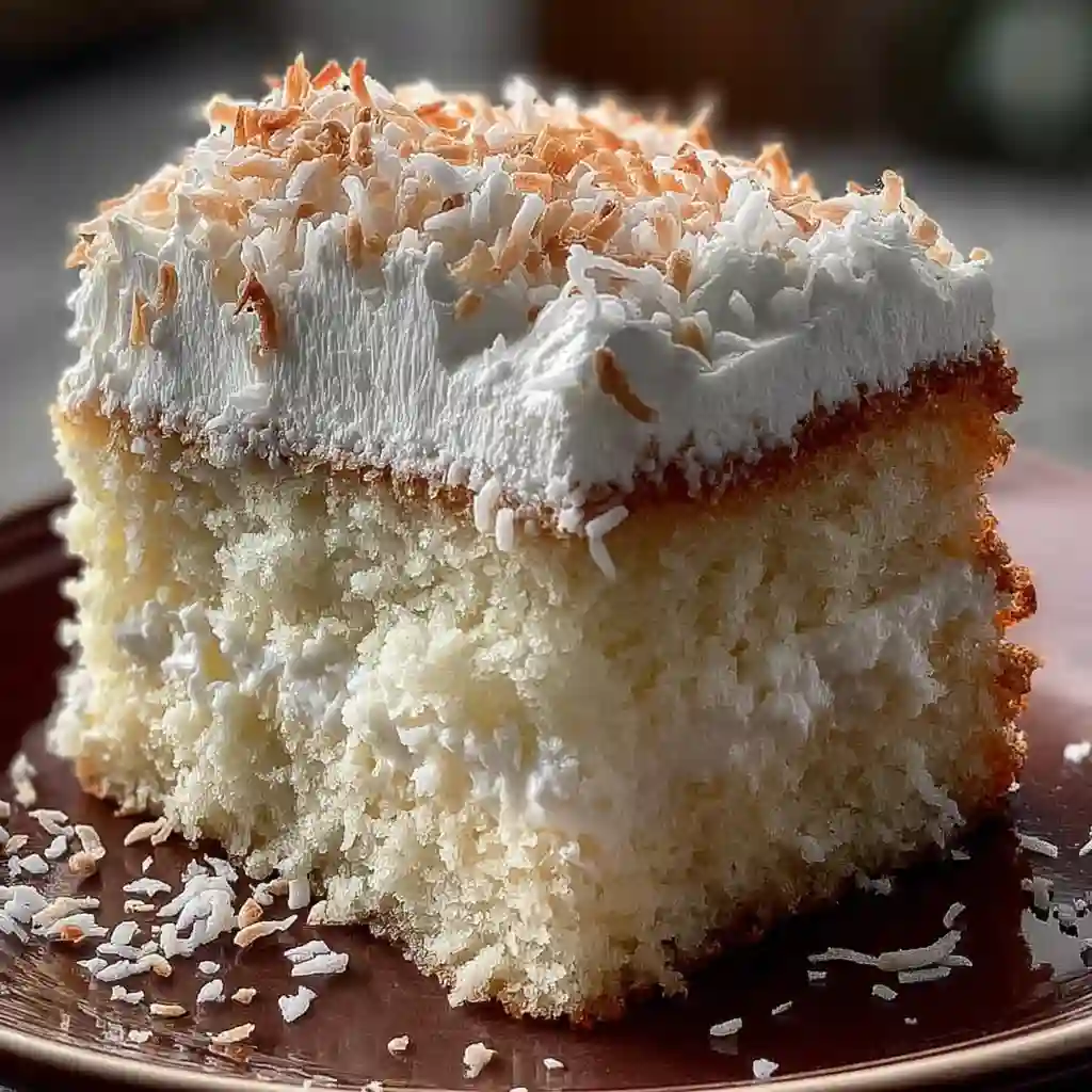 Pouring cream of coconut mixture over a poked white cake.