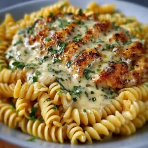 A bowl of Creamy Garlic Butter Chicken and Rotini in Parmesan Sauce topped with fresh parsley.