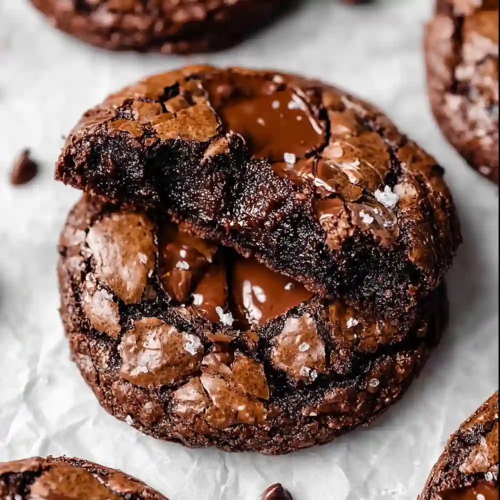A stack of freshly baked Fudgy Chewy Brookies showing melted chocolate and golden cookie dough.