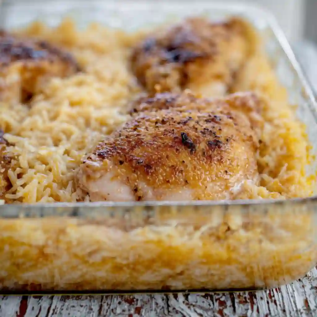 A freshly baked casserole dish of forgotten chicken recipe with golden onion topping on a wooden table.
