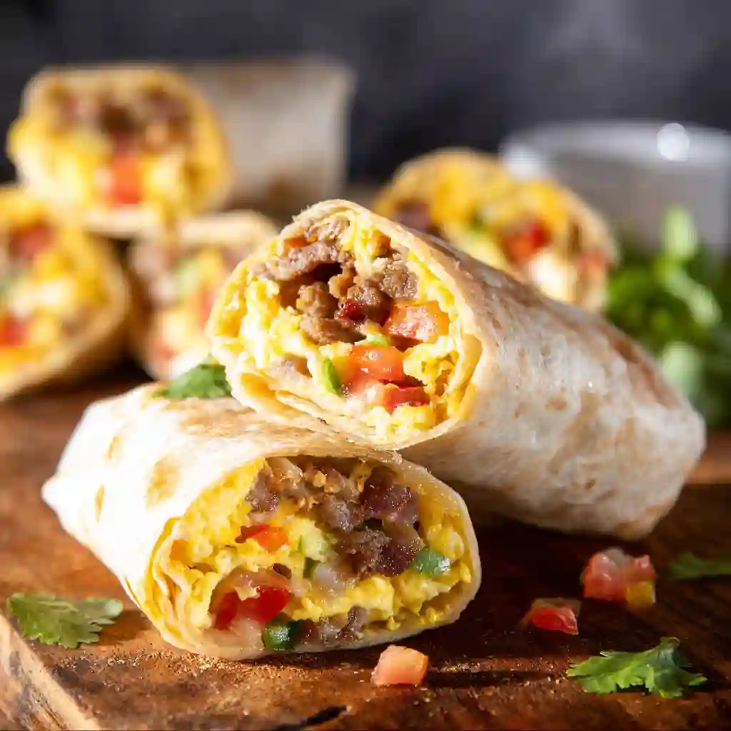 Stack of crispy freezer breakfast burritos cut in half showing eggs and cheese.