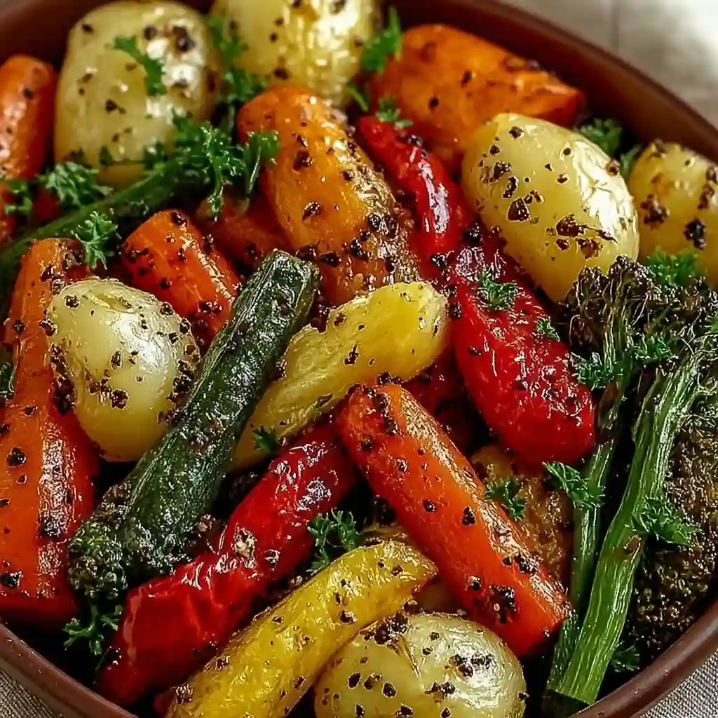 Serving Garlic Herb Roasted Veggies with grilled chicken.
