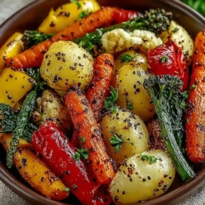 Platter of golden Garlic Herb Roasted Veggies garnished with fresh parsley.