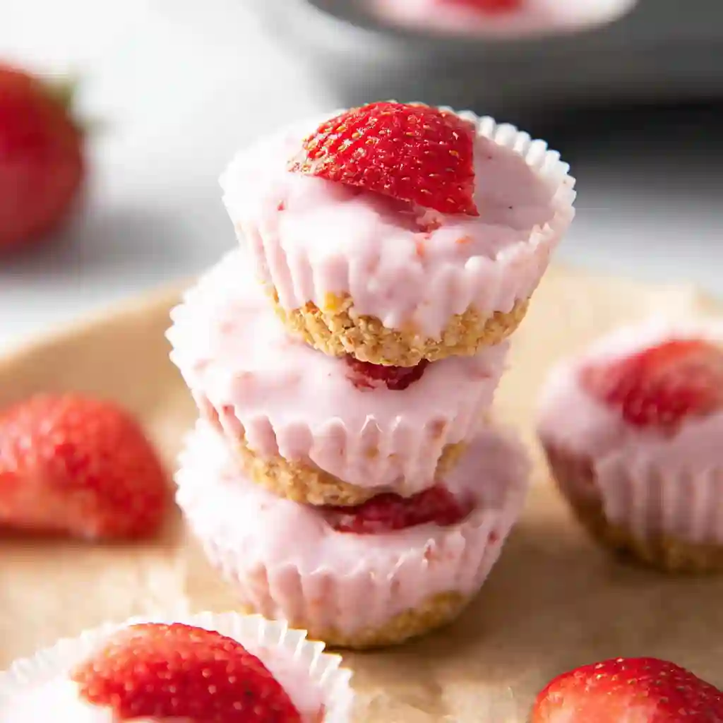 Viral style strawberry yogurt bites clusters dipped in dark chocolate shell.