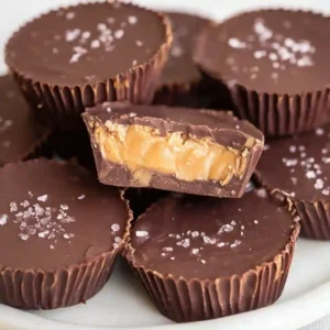 A cross-section of Homemade Reeses Cups revealing the smooth peanut butter and graham cracker filling.