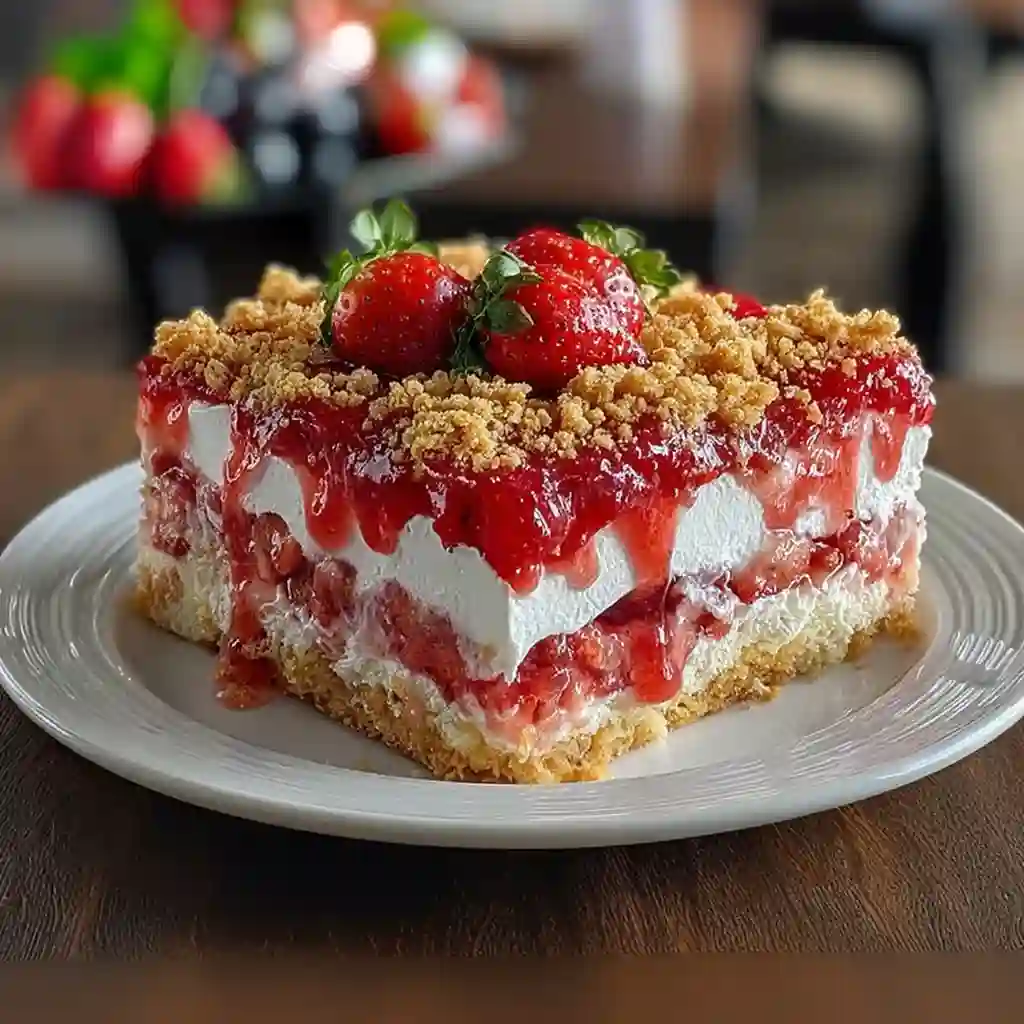 : Pouring red strawberry gelatin mixture into holes poked in a white cake.