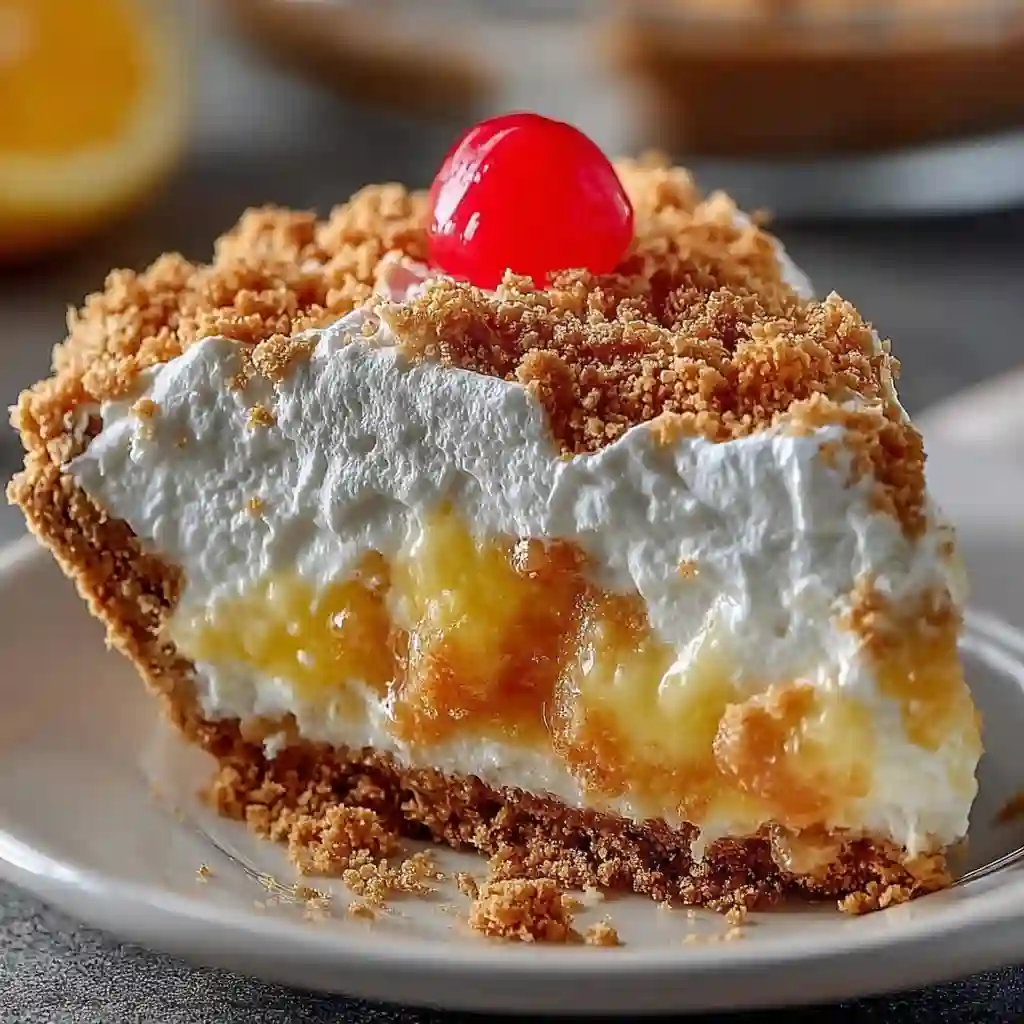 A slice of creamy Million Dollar Pie on a dessert plate