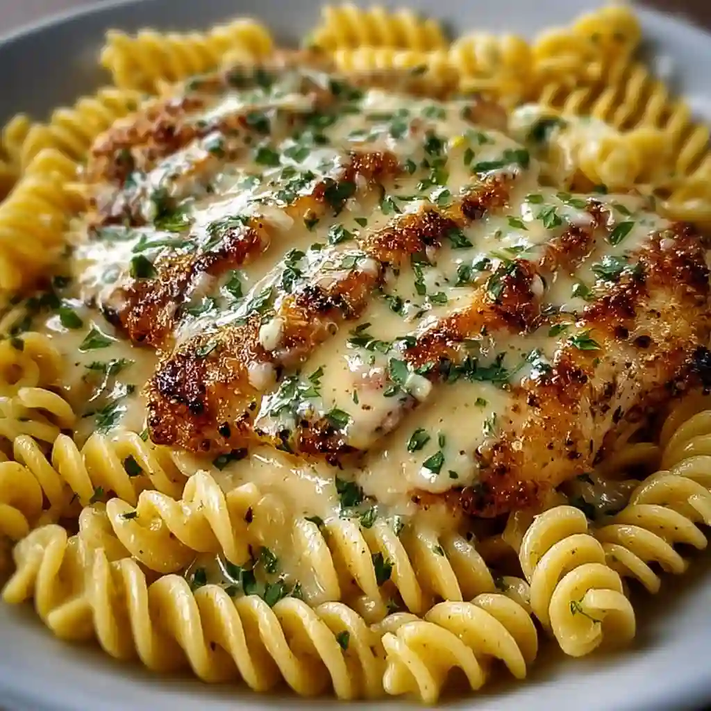 Whisking creamy parmesan sauce with herbs in a skillet.
