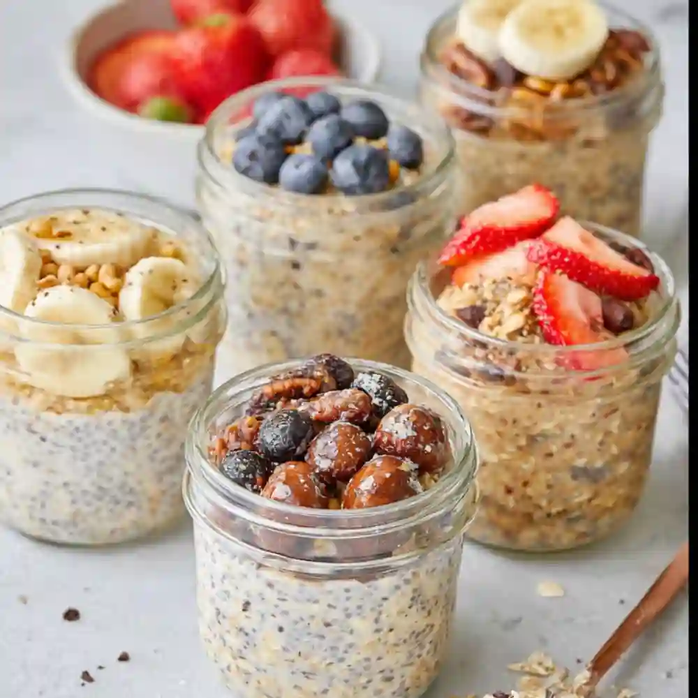 Perfect for anyone exploring new Overnight Oats Recipes, this brightly lit glass mason jar is filled with layered oats, topped with fresh berries, nuts, and a small wooden spoon, ready for a healthy breakfast.