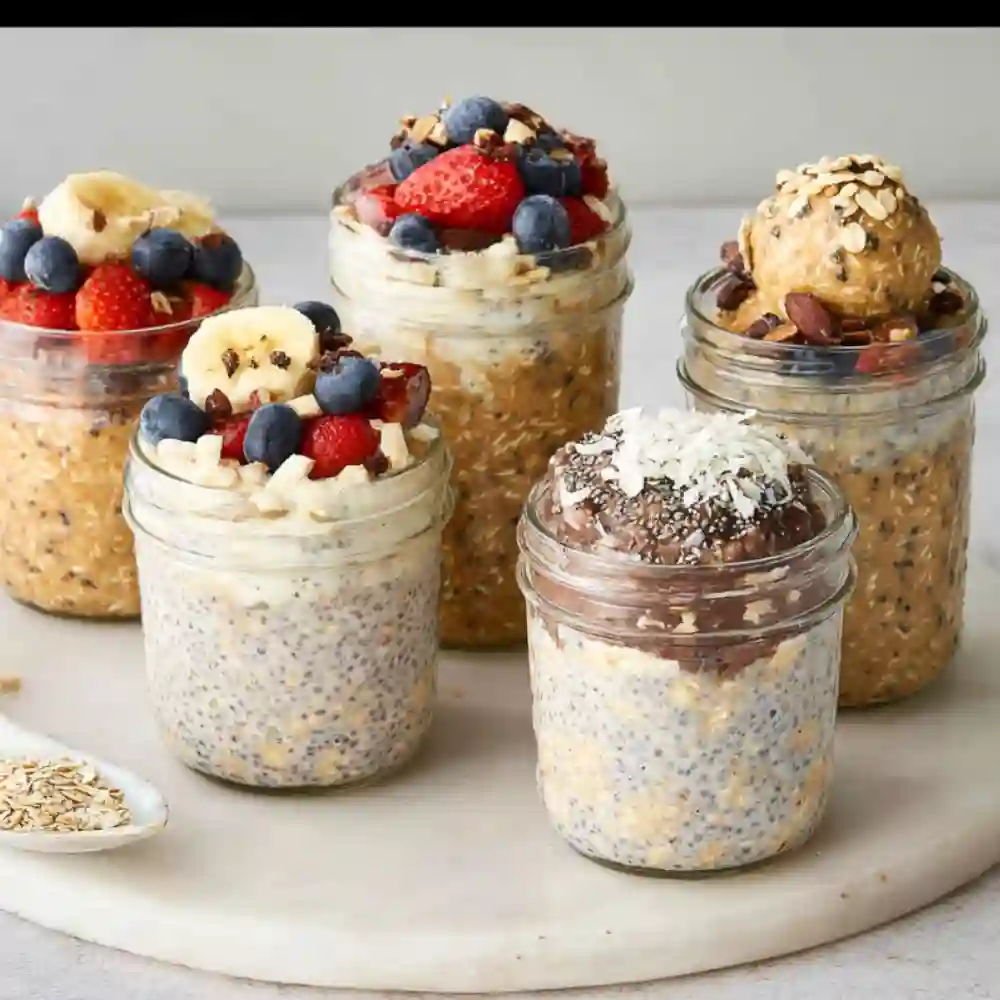 A row of five glass jars showcasing various flavors of prepared overnight oats for weekly meal prepping.