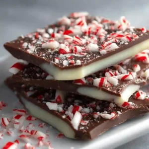 Stack of homemade Peppermint Bark with layers of dark and white chocolate topped with crushed candy canes.