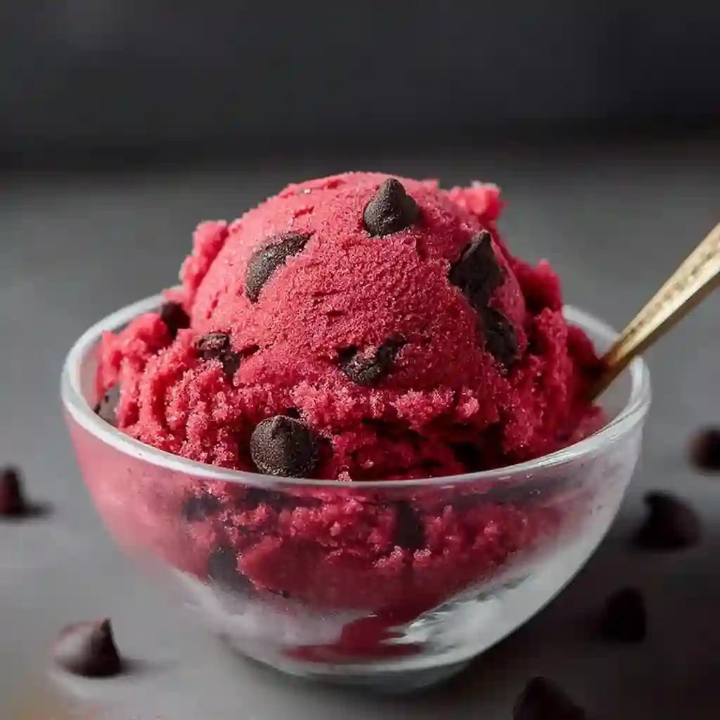 A bowl of Red Velvet Edible Cookie Dough with white chocolate chips and a silver spoon.
