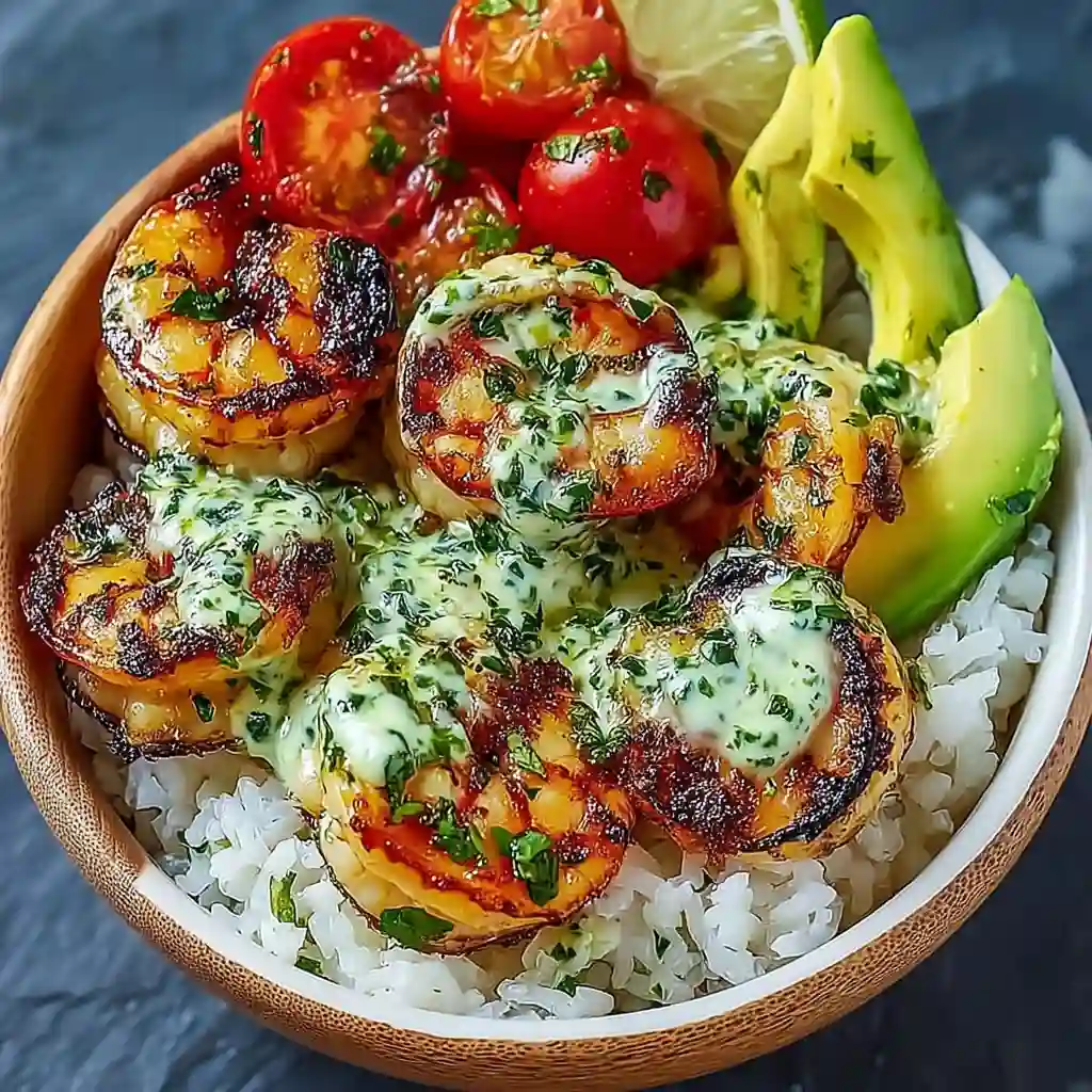 Fresh ingredients for shrimp bowls including raw shrimp, avocado, red onion, and spices.