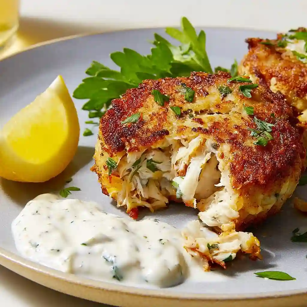 Jumbo lump crab meat being gently folded into the binder mixture in a glass bowl.