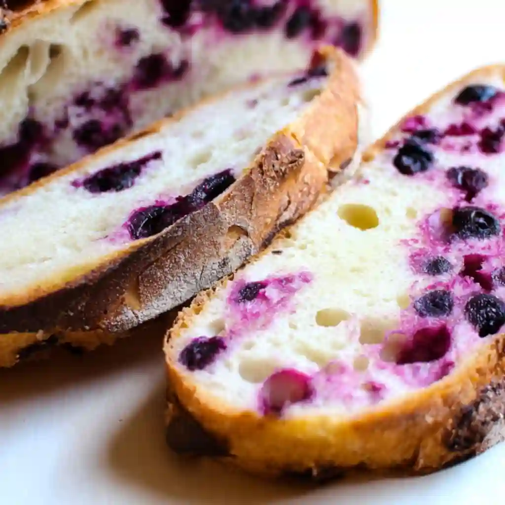  A golden brown loaf of Lemon Blueberry Sourdough Bread cooling on a wire rack next to fresh lemons