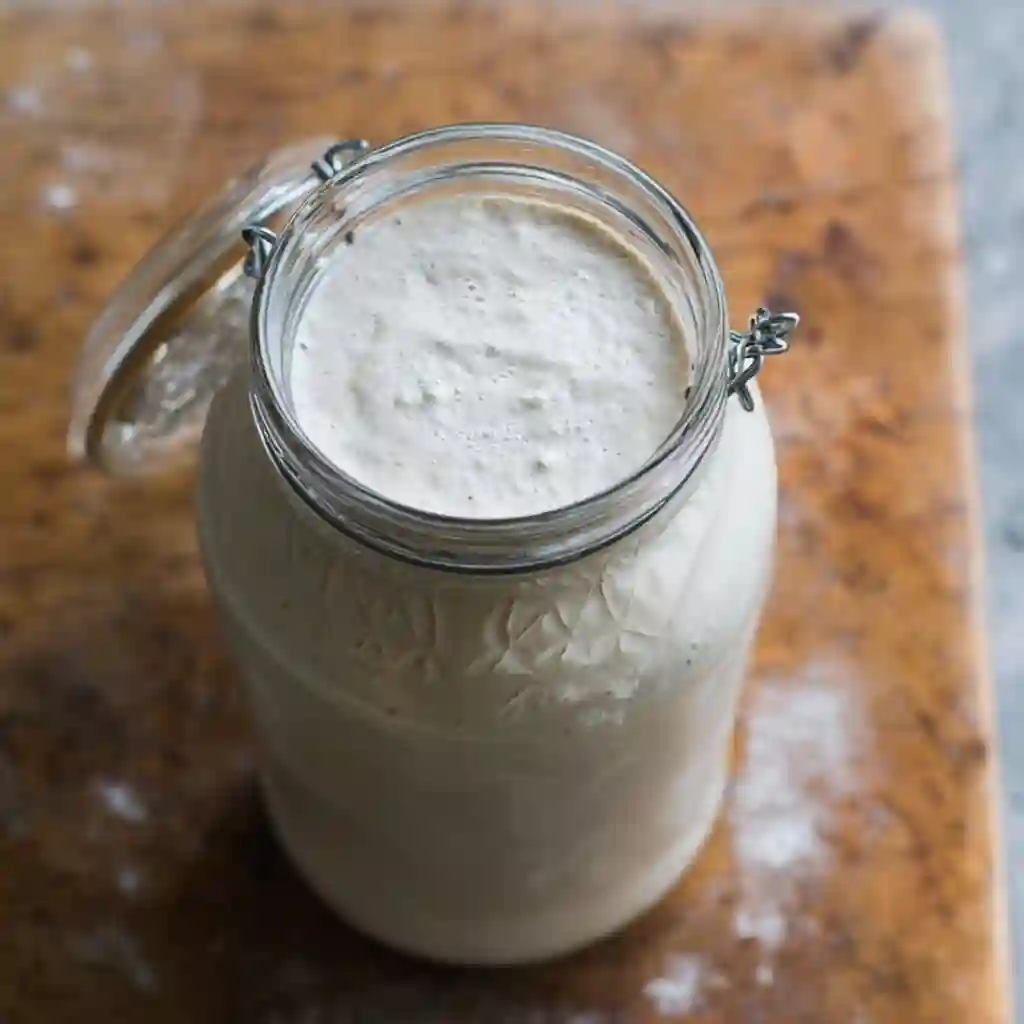 Sliced rustic loaf of bread with a crispy crust baked using a mature sourdough starter.
