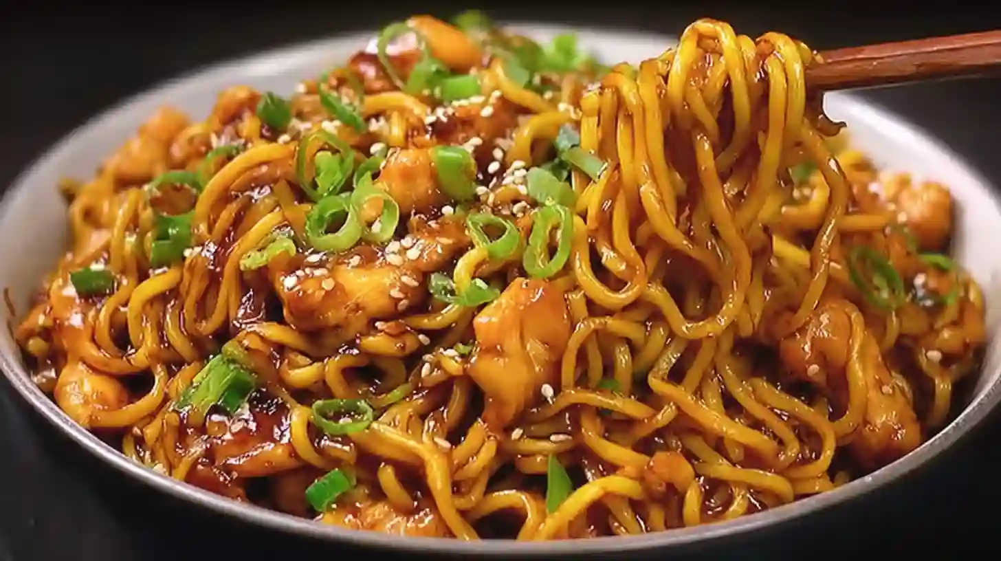A close-up bowl of hot Sticky Garlic Chicken Noodles topped with green onions and sesame seeds.