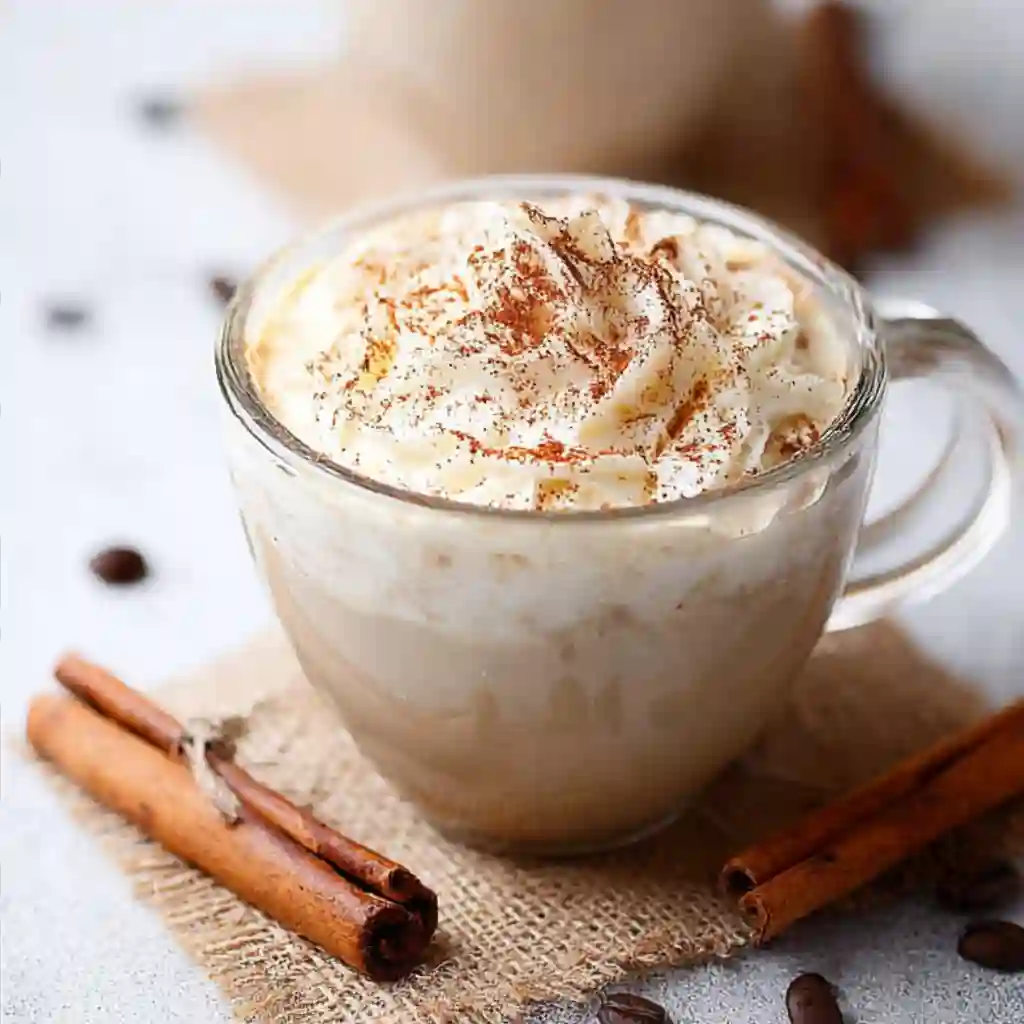 A hot vanilla cinnamon latte in a ceramic mug on a wooden table.