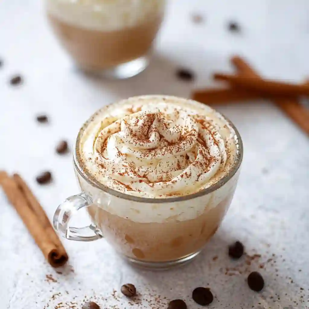Steamed milk being poured into espresso to make a vanilla cinnamon latte