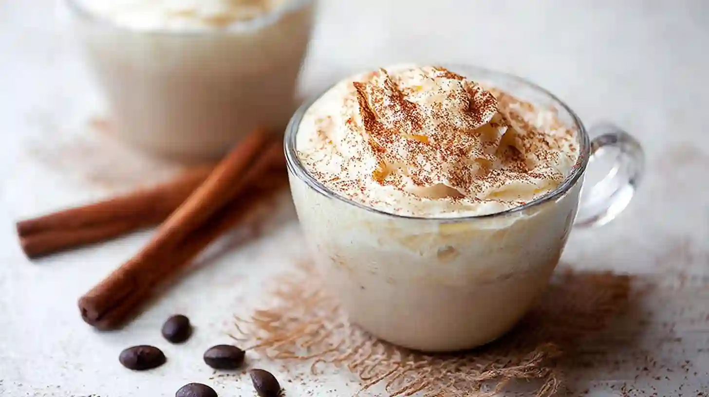 A hot vanilla cinnamon latte in a ceramic mug on a wooden table.