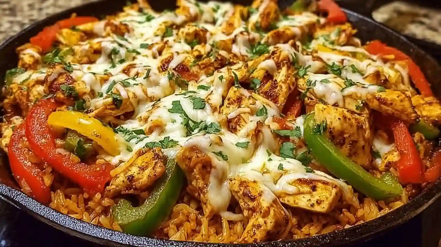 Cast iron pan filled with Cheese Chicken Fajita Skillet topped with melted queso and cilantro.