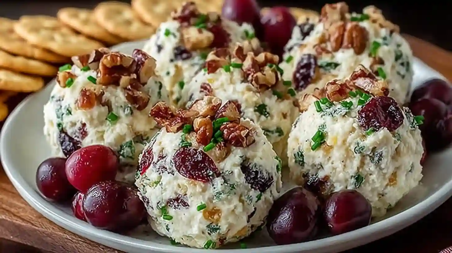 Close-up of Cranberry Pecan Cheese Bites on a wooden board with festive lighting.
