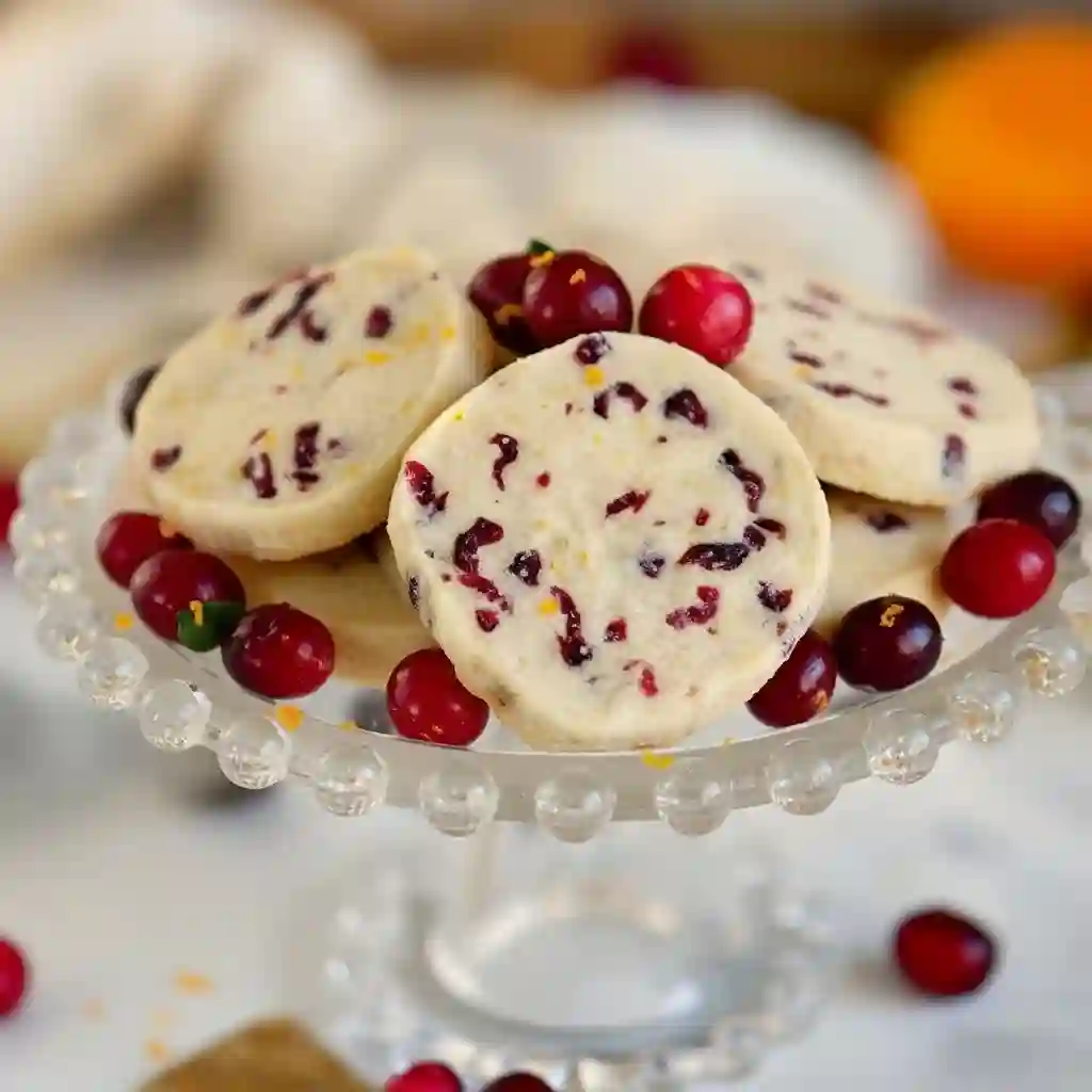 Stack of Cranberry Orange Shortbread Cookies on a plate with holiday decorations.
