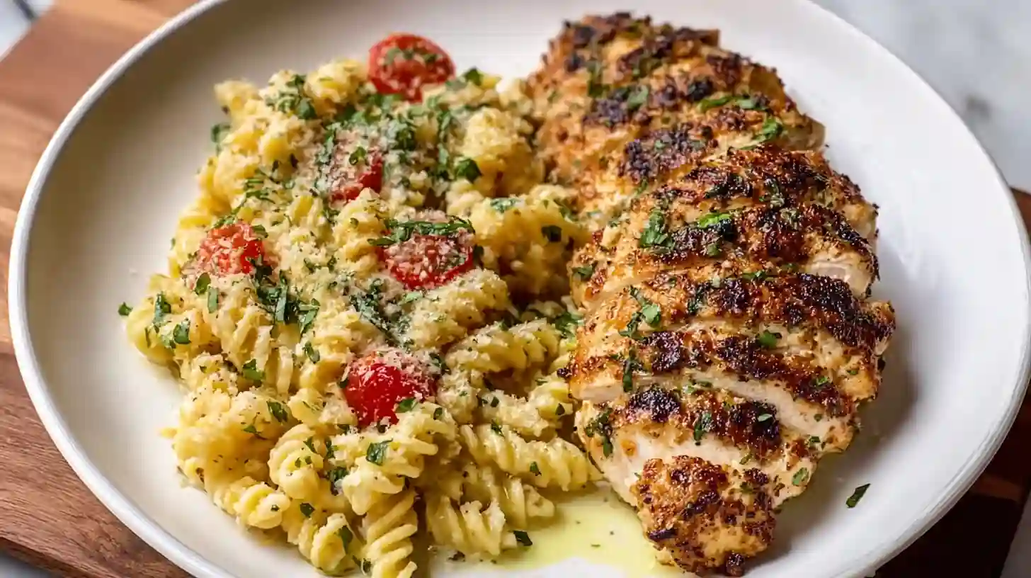 Bowl of Creamy Garlic Parmesan Chicken Pasta with twisted noodles and seared chicken.