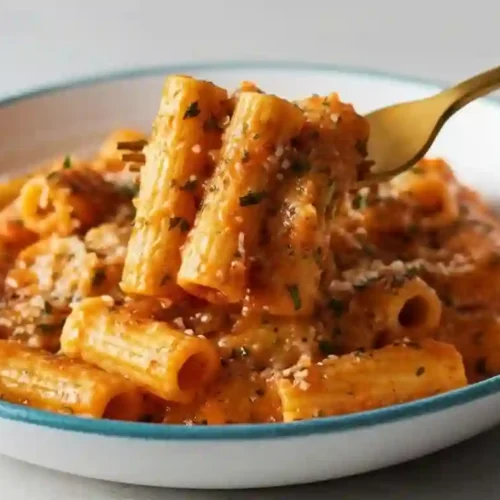 Top-down view of creamy tomato garlic pasta in a bowl with basil and parmesan.