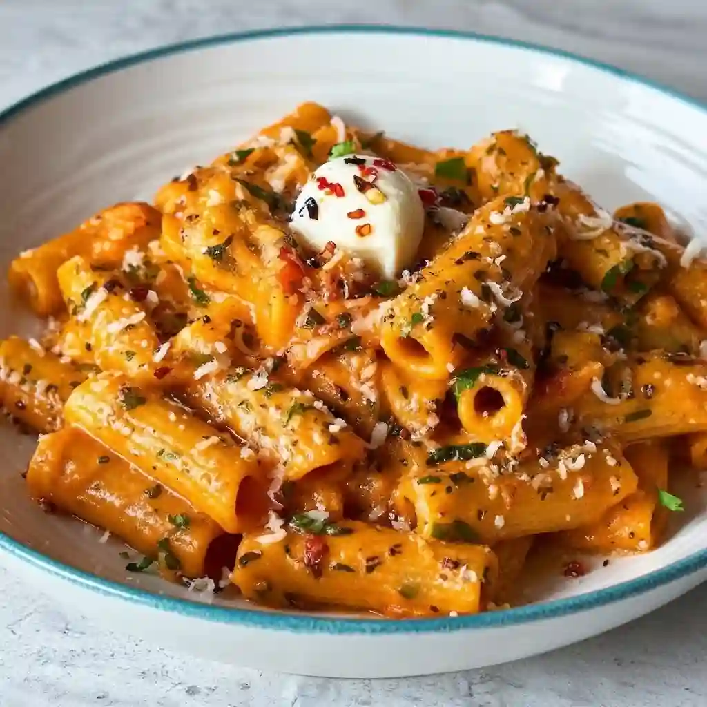 Close up of a fork lifting cheesy creamy tomato garlic rigatoni noodles.
