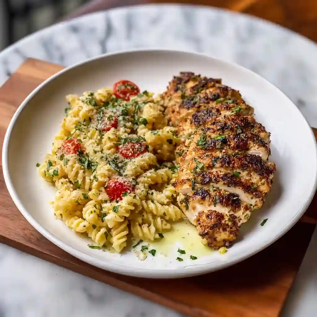 Ingredients for creamy chicken pasta including heavy cream, parmesan, and garlic.