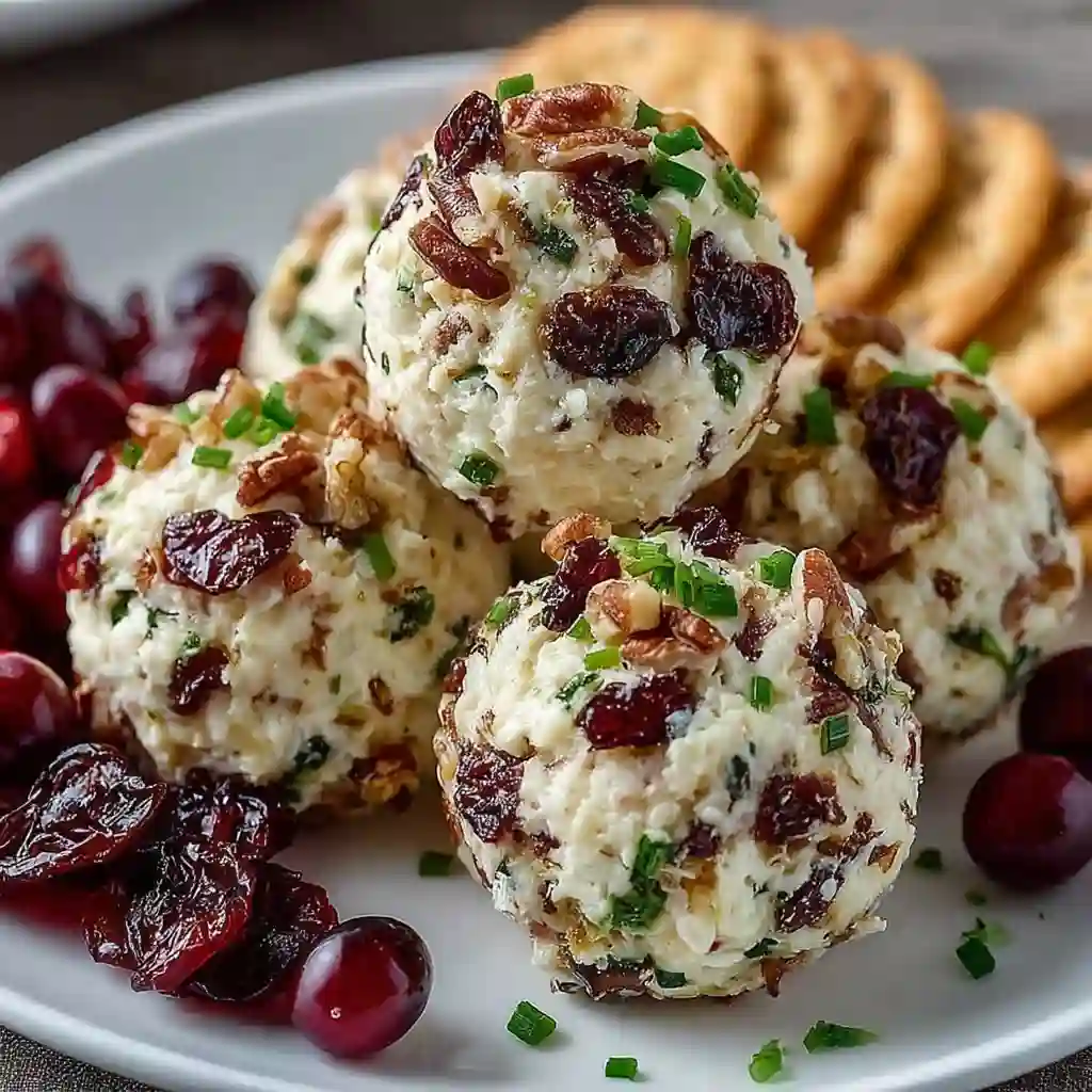 Platter of cranberry pecan cheese bites served with crackers and sparkling cider at a party.
