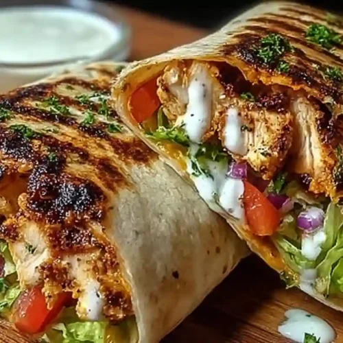 Halved Chipotle Ranch Grilled Chicken Burrito showing juicy chicken and creamy sauce.
