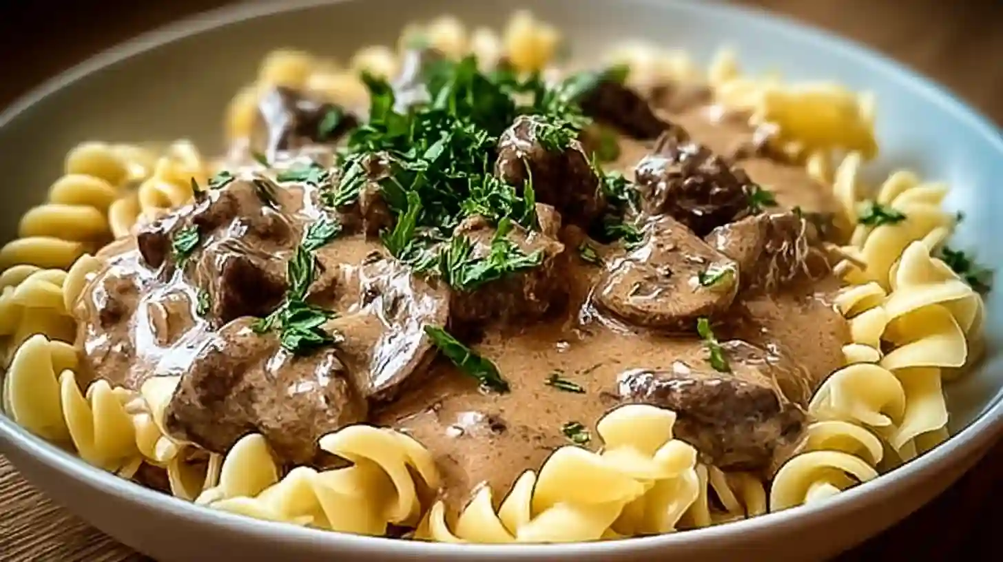 Bowl of Old-Fashioned Beef Stroganoff with creamy sauce and parsley garnish.