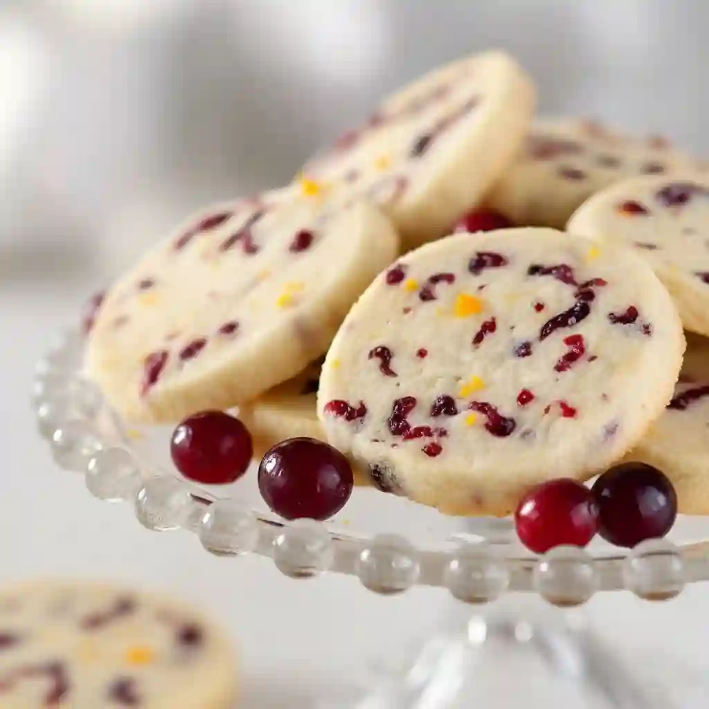  Close up of cranberry shortbread cookie dipped in white chocolate and zest.