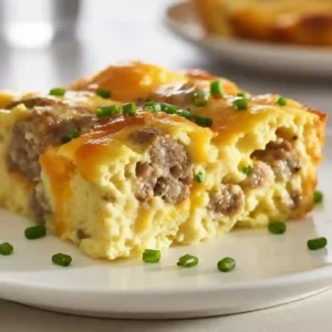 Golden brown sausage and egg casserole in a white baking dish on a wooden table.