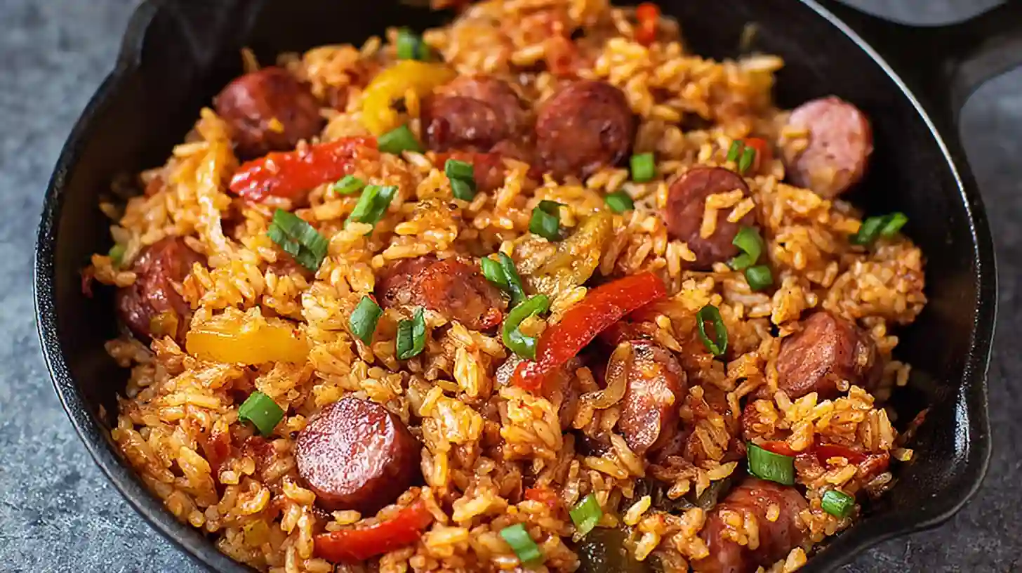 A cast iron skillet filled with creamy Sausage and Rice Skillet, featuring red and yellow peppers and fresh parsley.