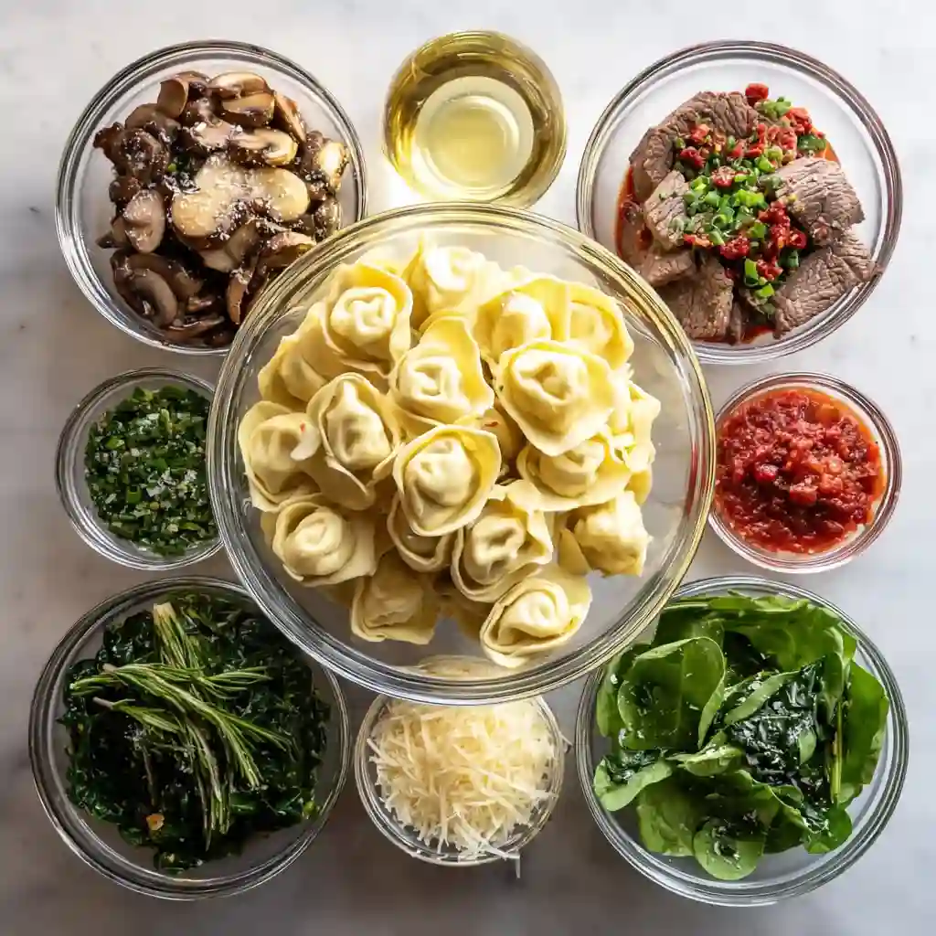 Fresh sirloin steak and cheese tortellini ingredients on a cutting board.