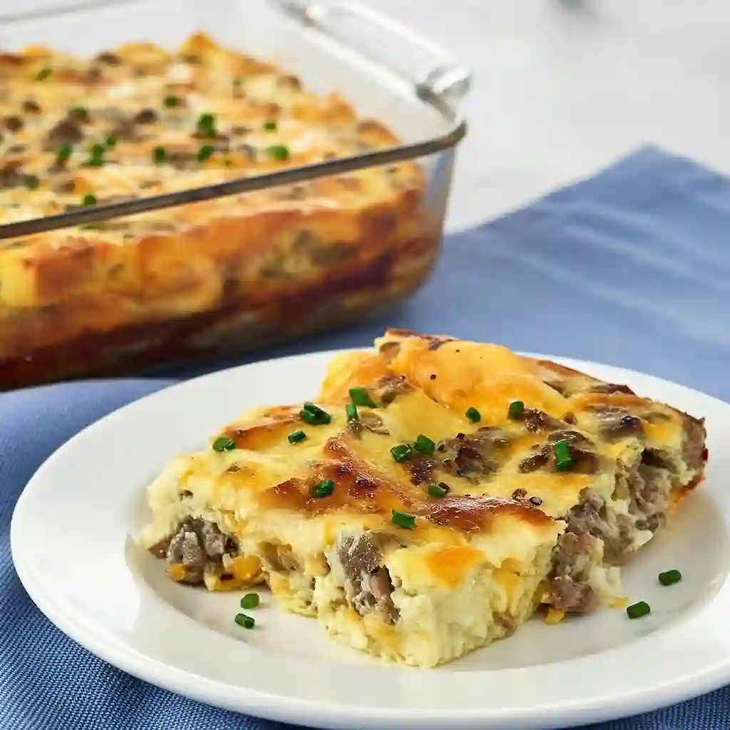 A single slice of fluffy sausage and egg casserole served on a white plate with coffee.